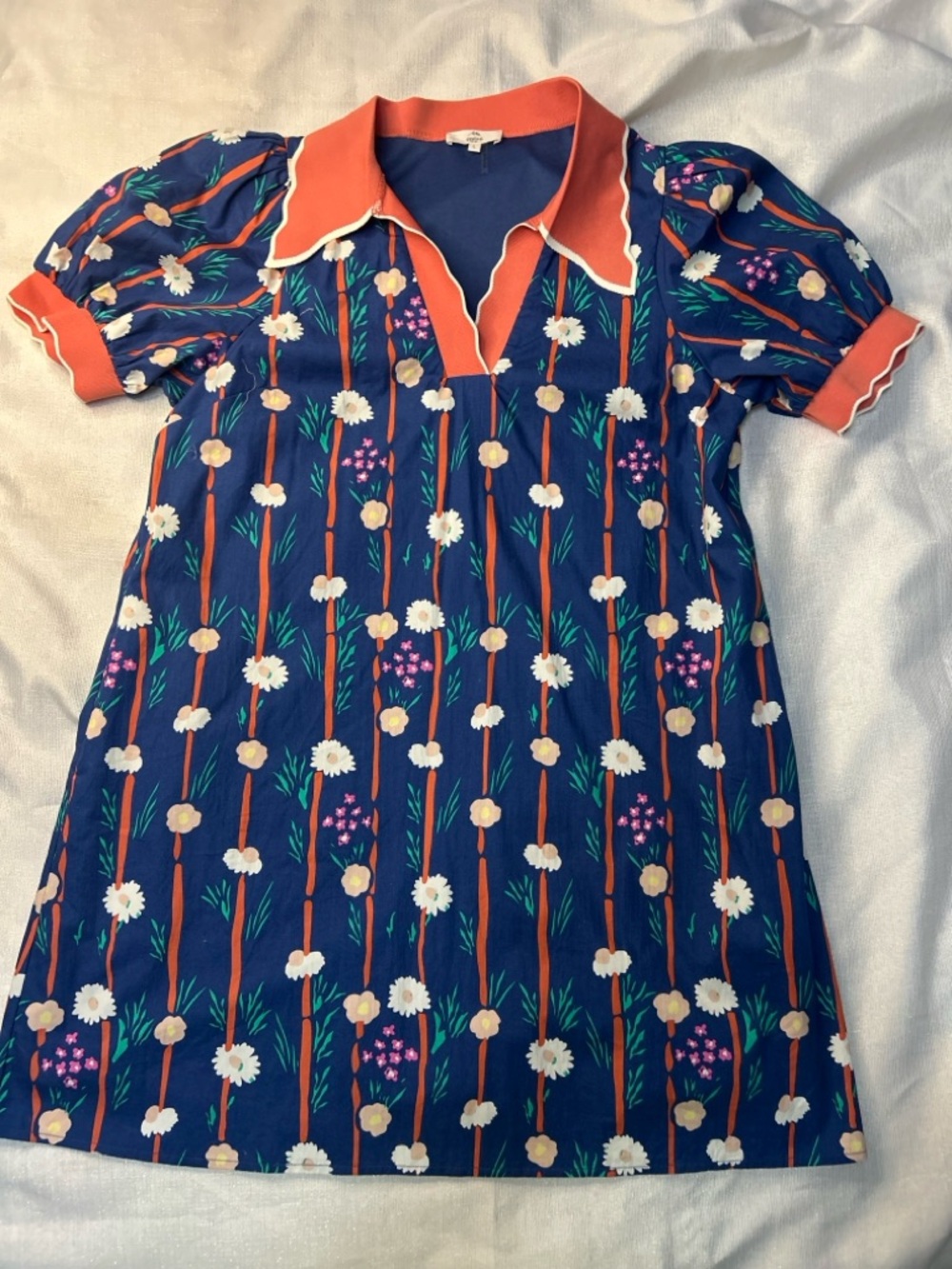 entro Navy Floral Mini Dress with Coral Trim and Pockets Sz. L